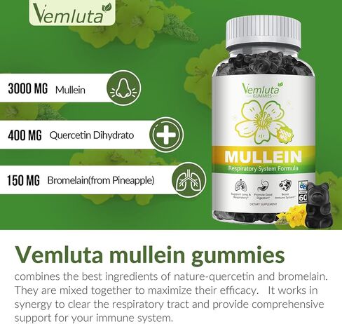 عبوتين من مضغ مولين 3000 ملغ للرئة - مستخلص أوراق مولين للتخلص من سموم الرئتين للمدخنين - كيرسيتين مع بروميلين لدعم الجهاز التنفسي والمناعي والهضمي، 120 قطعة عنبية in Kuwait