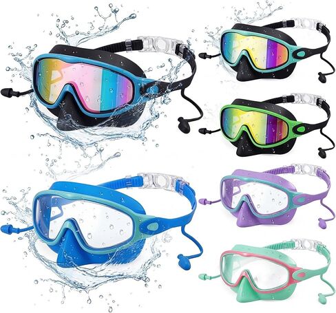 Kanayu 6 Pack Kids Swim Goggles with Nose Cover Earplugs Wide View Diving Mask Anti Fog UV No Leak Pool Swimming Goggles for Kids Youth 8-14 in Saudi Arabia