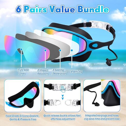 Kanayu 6 Pack Kids Swim Goggles with Nose Cover Earplugs Wide View Diving Mask Anti Fog UV No Leak Pool Swimming Goggles for Kids Youth 8-14 in Saudi Arabia