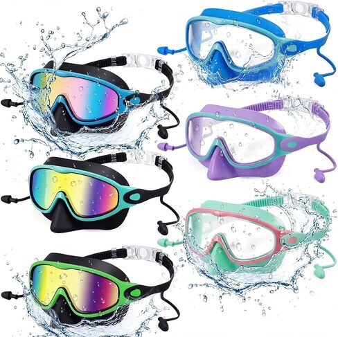 Kanayu 6 Pack Kids Swim Goggles with Nose Cover Earplugs Wide View Diving Mask Anti Fog UV No Leak Pool Swimming Goggles for Kids Youth 8-14 in Saudi Arabia