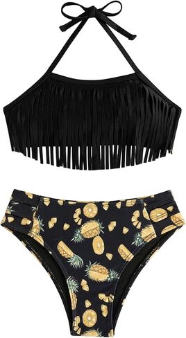Girls Fringe Bikini Set, Teens Two Pieces Halter and High Waisted Swimsuits for Beach, Pool, Vacation & Cruise in Saudi Arabia