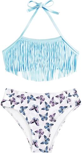 Girls Fringe Bikini Set, Teens Two Pieces Halter and High Waisted Swimsuits for Beach, Pool, Vacation & Cruise in Saudi Arabia