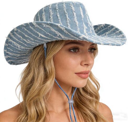 قبعة رعاة البقر الدنيم الغربية قبعة رعاة البقر على نطاق واسع مع حبل الرياح للباس الحزب الغربي لباس in Kuwait