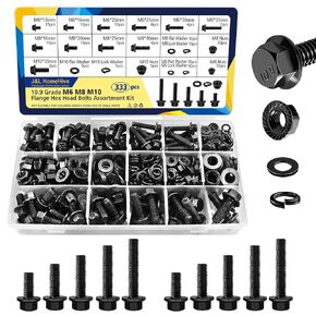 343 PCS Metric Flange Bolt Assortment, M6x1.0, M8x1.25, M10x1.5 (12mm to 30mm), Assorted Hex Bolts and Nuts Washers Kit for Automotive, 10.9 Black Zinc Galvanized in Saudi Arabia