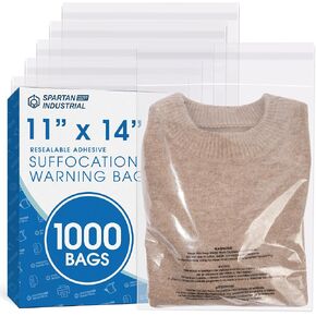 Spartan Industrial - 11 بوصة × 14 بوصة (1000 قطعة) أكياس بولي شفافة ذاتية الغلق مع تحذير من الاختناق للتغليف والقمصان والشحن - غراء قابل للإغلاق in Kuwait