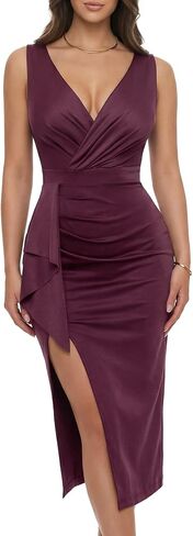 Deep V Neck Wrap Formal Midi Cocktail Dress Sleeveless Thigh Slit Ruffle Ruched Fall Wedding Guest Dress for Women in Kuwait
