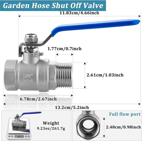Wantmatch Full Port Ball Valve 3/4''GHT 304 Stainless Steel Shut Off Valve Male x Female Heavy Duty Water Shut Off Connector for Water Oil, and Gas with Blue Vinyl Insulation Handle in Kuwait