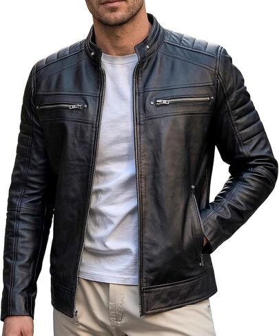 Mens Leather Jacket - Real Lambskin Classic Cafe Racer Style Leather Jackets For Men in Saudi Arabia