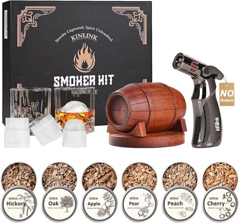 مجموعة مدخن الويسكي مع الشعلة - بدون بوتان، 6 نكهات خشبية، 2 كأس ويسكي، 2 قالب مكعبات ثلج مستدير، طقم مدخن قديم الطراز كوكتيل مدخن مشروب دخان، هدايا عيد ميلاد للرجال والأب in Kuwait