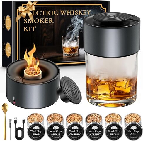 Electric Whiskey Smoker Kit, Rechargeable Bourbon Smoker Kit with 6 Flavors of Natural Wood Chips, Drink Smoker Infuser Kit Cocktail Idea Christmas Birthday Gifts for Men Husband Dad Him in Saudi Arabia