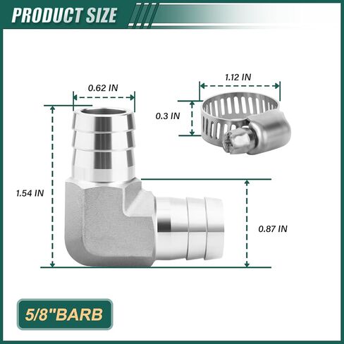 2 قطعة 304 الفولاذ المقاوم للصدأ 90 درجة الكوع خرطوم بارب تركيبات، 5/8 "بارب × 5/8" بارب، مع 4 قطعة خرطوم المشبك، للوقود/الهواء/الماء/الغاز/النفط in Kuwait