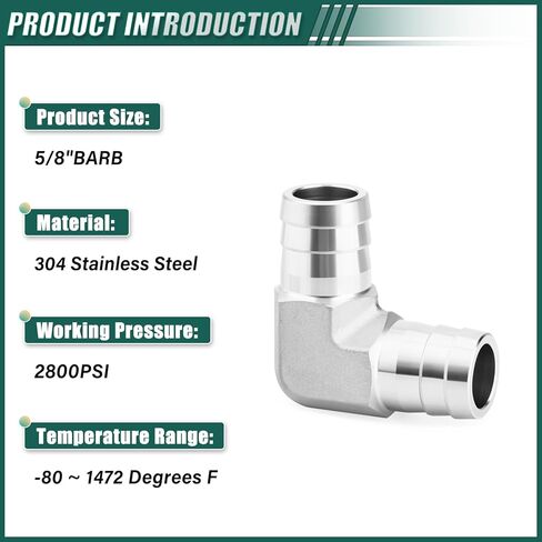 2 قطعة 304 الفولاذ المقاوم للصدأ 90 درجة الكوع خرطوم بارب تركيبات، 5/8 "بارب × 5/8" بارب، مع 4 قطعة خرطوم المشبك، للوقود/الهواء/الماء/الغاز/النفط in Kuwait