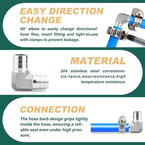 2 قطعة 304 الفولاذ المقاوم للصدأ 90 درجة الكوع خرطوم بارب تركيبات، 5/8 "بارب × 5/8" بارب، مع 4 قطعة خرطوم المشبك، للوقود/الهواء/الماء/الغاز/النفط in Kuwait
