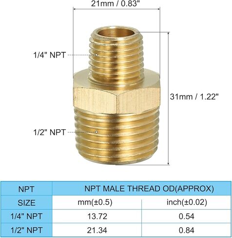 Solid Brass Hex Nipple Pipe Fitting Thread Adapter, 2 Pack 1/2" NPT x 1/4" NPT Male Water Line Connectors Couplings in Saudi Arabia