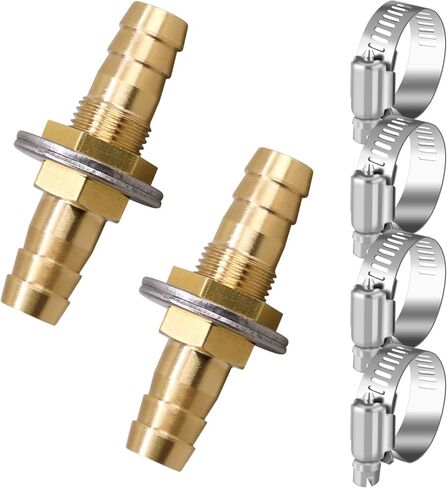 1/2 inch Brass Hose Barb Bulkhead Fitting for Water Fuel Air Systems with Flat Washers and Clamps (2 Pack) in Kuwait