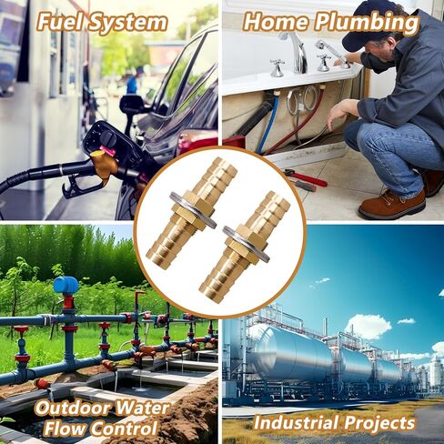 1/2 inch Brass Hose Barb Bulkhead Fitting for Water Fuel Air Systems with Flat Washers and Clamps (2 Pack) in Kuwait