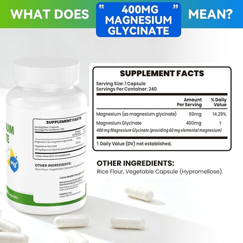 جليسينات المغنيسيوم 400 ملغ لكل كبسولة - 240 كبسولة - مكمل مغنيسيوم عالي الامتصاص للاسترخاء والهدوء ودعم العضلات - لطيف على المعدة - للرجال والنساء - صنع في الولايات المتحدة الأمريكية in Kuwait