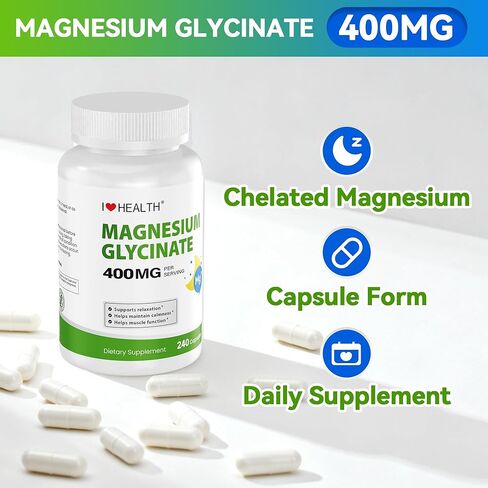 جليسينات المغنيسيوم 400 ملغ لكل كبسولة - 240 كبسولة - مكمل مغنيسيوم عالي الامتصاص للاسترخاء والهدوء ودعم العضلات - لطيف على المعدة - للرجال والنساء - صنع في الولايات المتحدة الأمريكية in Kuwait