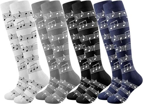 Janmercy 4 Pairs Music Note Compression Socks Women Men, Knee High Novelty Graduation Birthday Gifts for Music Teachers Musicians Piano Lovers Athletic Running Work Hiking Cycling Travel in Saudi Arabia