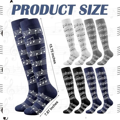 Janmercy 4 Pairs Music Note Compression Socks Women Men, Knee High Novelty Graduation Birthday Gifts for Music Teachers Musicians Piano Lovers Athletic Running Work Hiking Cycling Travel in Saudi Arabia