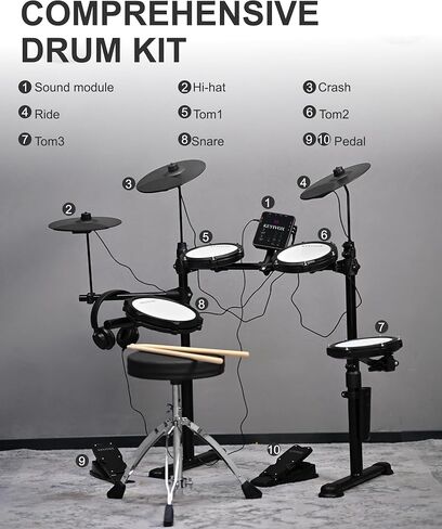 MT20C Electronic Drum Set with 4 Mesh Pads, 150 Sounds, 30 Songs, 15 Kits, USB MIDI, Headphones, Throne, Sticks, Pedals for Beginners Adults Home Use in Kuwait