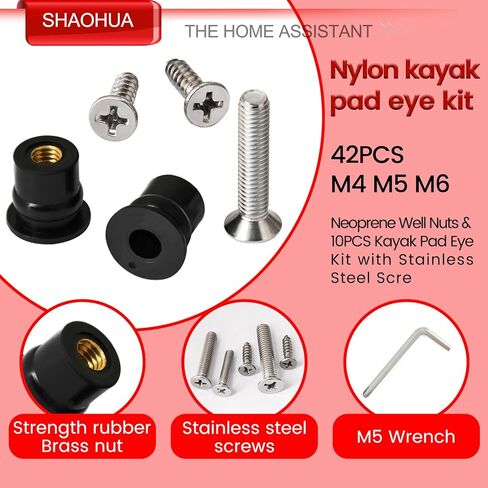 52 Pairs M4 M5 M6 Neoprene Well Nuts and Kayak Pad Eye Kit w/Screw, Rubber Well Nuts Expansion Bolts for Kayak Motorcycle Boat Marine Canoe Windscreen Harley Headlight Road Glide Windshield in Kuwait
