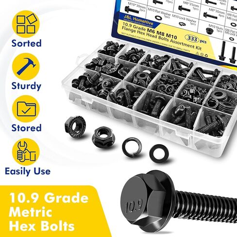 343 PCS Metric Flange Bolt Assortment, M6x1.0, M8x1.25, M10x1.5 (12mm to 30mm), Assorted Hex Bolts and Nuts Washers Kit for Automotive, 10.9 Black Zinc Galvanized in Saudi Arabia