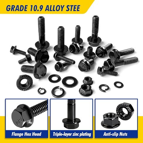 343 PCS Metric Flange Bolt Assortment, M6x1.0, M8x1.25, M10x1.5 (12mm to 30mm), Assorted Hex Bolts and Nuts Washers Kit for Automotive, 10.9 Black Zinc Galvanized in Saudi Arabia