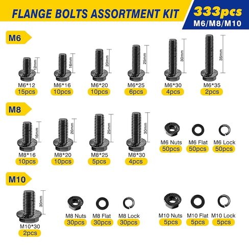 343 PCS Metric Flange Bolt Assortment, M6x1.0, M8x1.25, M10x1.5 (12mm to 30mm), Assorted Hex Bolts and Nuts Washers Kit for Automotive, 10.9 Black Zinc Galvanized in Saudi Arabia