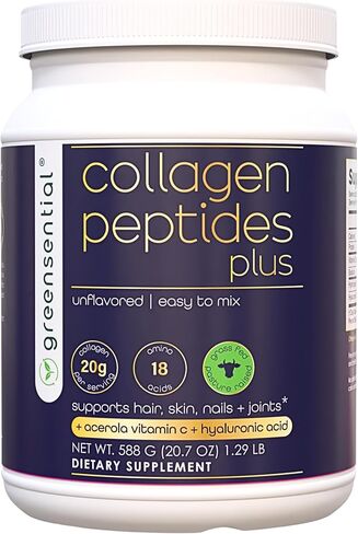 Greensential Collagen Peptides Plus Powder 21oz | + Acerola Vitamin C & Hyaluronic Acid | 100% Hydrolyzed Grass-Fed | Hair, Skin, Nail & Joint Support | Easy to Mix, Unflavored, 28 Servings in Saudi Arabia