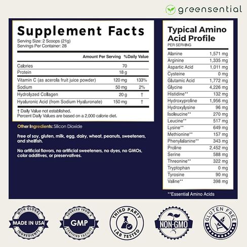 Greensential Collagen Peptides Plus Powder 21oz | + Acerola Vitamin C & Hyaluronic Acid | 100% Hydrolyzed Grass-Fed | Hair, Skin, Nail & Joint Support | Easy to Mix, Unflavored, 28 Servings in Saudi Arabia