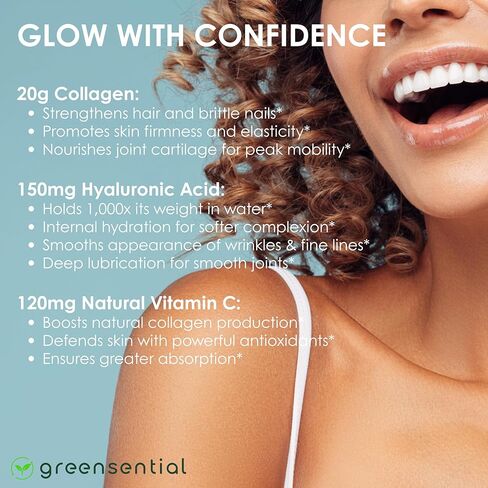 Greensential Collagen Peptides Plus Powder 21oz | + Acerola Vitamin C & Hyaluronic Acid | 100% Hydrolyzed Grass-Fed | Hair, Skin, Nail & Joint Support | Easy to Mix, Unflavored, 28 Servings in Saudi Arabia