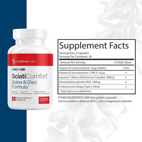 SciatiEase SciatiComfort Spine and Disc Support Supplement Sciatic Nerve Health Support Supplement - VIT D3 K2, Aquamin, Calcium, Magnesium, Type II Collagen, Pea (Palm Collagen) - 30 Day Supply in Saudi Arabia