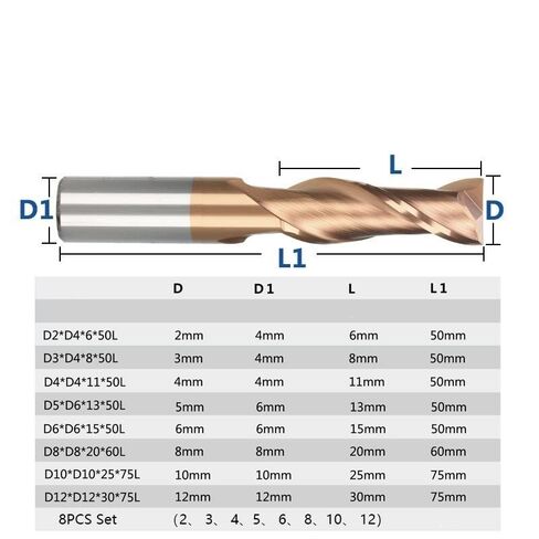 8pcs CNC Carbide End Mills 2-12mm Square Nose Mill Tungsten Machine Cutter Tools Metal Steel Router Bit for Wood in Kuwait