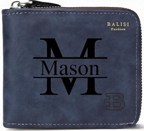 Personalized Leather Wallet for Men,Custom Engraved Name and Initial, Durable Zipper, Large Capacity, RFID Blocking Boys Wallet l Gifts for Dad, Son, Boyfriend (black) in Kuwait