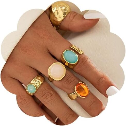 Chunky Gold Gemstone Ring Set for Women Adjustable Stackable Statement Rings Punk Geometric Turquoise Minimalist Jewelry in Kuwait