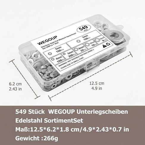 غسالات مسطحة من الفولاذ المقاوم للصدأ للبراغي، وغسالات مسطحة، وغسالات للبراغي - تشكيلة غسالات معدنية A2-304 V2A للبراغي والصواميل (549 قطعة، M3 M4 M5 M6 M8 M10 M12) in Kuwait