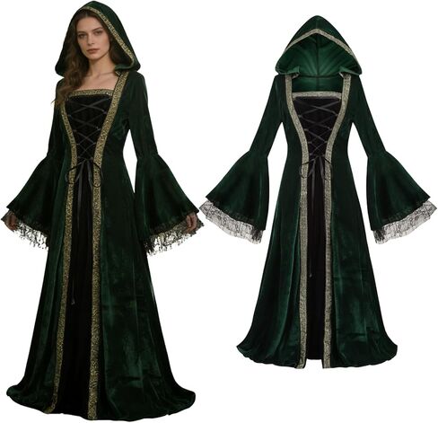 Women Medieval Renaissance Hooded Dress Adult Vintage Lace Trumpet Sleeves Witch Costume Halloween Victorian Cosplay in Kuwait