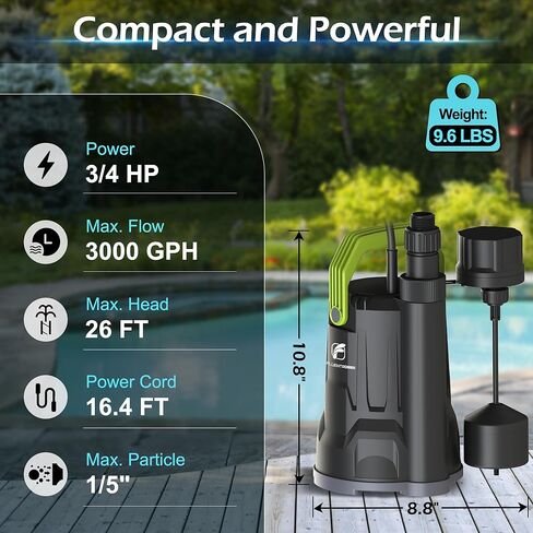 FLUENTPOWER Sump Pump, 3/4HP Submersible Water Pump, 3000GPH Utility Pump with Vertical Float Switch for Swimming Pool Garden Pond Basement Draining, with 16.4Ft Cord, Adapters, Check Valve and Rop in Kuwait