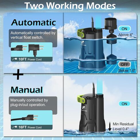 FLUENTPOWER Sump Pump, 3/4HP Submersible Water Pump, 3000GPH Utility Pump with Vertical Float Switch for Swimming Pool Garden Pond Basement Draining, with 16.4Ft Cord, Adapters, Check Valve and Rop in Kuwait