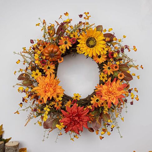 Artificial Fall Wreath 22 Inch Fall Wreaths for Front Door Autumn Flower Wreath with Sunflower Daisy Dahlia Pumpkin for Indoor Outdoor Window Wall Porch Harvest and Thanksgiving Celebration in Saudi Arabia