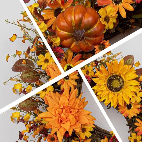 Artificial Fall Wreath 22 Inch Fall Wreaths for Front Door Autumn Flower Wreath with Sunflower Daisy Dahlia Pumpkin for Indoor Outdoor Window Wall Porch Harvest and Thanksgiving Celebration in Saudi Arabia