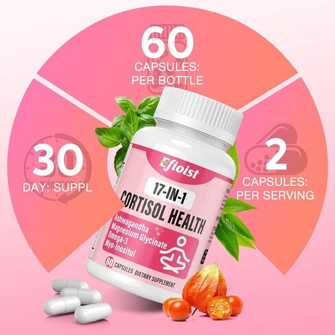 Super Calm Cortisol Supplement, 25-in-1 Cortisol Reducer for Women & Men, Cortisol Supplements for Women with Ashwagandha, Rhodiola Rosea, L-Theanine, for Mood, Focus, Sleep Support, 120 Capsules in Kuwait