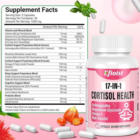 Super Calm Cortisol Supplement, 25-in-1 Cortisol Reducer for Women & Men, Cortisol Supplements for Women with Ashwagandha, Rhodiola Rosea, L-Theanine, for Mood, Focus, Sleep Support, 120 Capsules in Kuwait