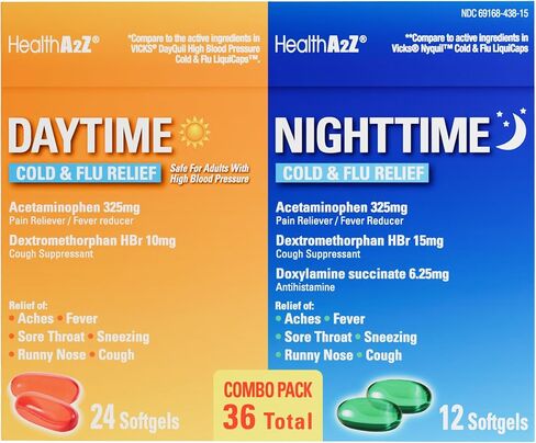HealthA2Z® Daytime and Nighttime Cold & Flu Medicine, Decongestant-Free, Multi-Symptom Daytime and Nighttime Relief, Suitable for Adults with High Blood Pressure, 36 Softgels in Saudi Arabia