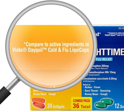 HealthA2Z® Daytime and Nighttime Cold & Flu Medicine, Decongestant-Free, Multi-Symptom Daytime and Nighttime Relief, Suitable for Adults with High Blood Pressure, 36 Softgels in Saudi Arabia