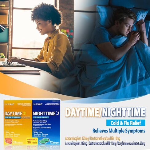 HealthA2Z® Daytime and Nighttime Cold & Flu Medicine, Decongestant-Free, Multi-Symptom Daytime and Nighttime Relief, Suitable for Adults with High Blood Pressure, 36 Softgels in Saudi Arabia