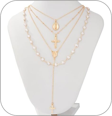 Layered Pearl Cross Necklace For Women Dainty Stackable Long Cross Necklaces Wedding Bridal Pearl Jewelry For Everyday Wear in Kuwait