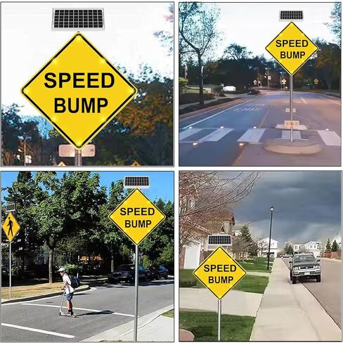 علامة تحذير من مطبات السرعة تعمل بالطاقة الشمسية مقاس 24 بوصة، مصابيح وامضة LED عالية السطوع، علامات تحذير الطريق من الألومنيوم لمطبات السرعة مع وظيفة الوميض التلقائي في الليل (A، 61 سم / 24 بوصة) in Kuwait