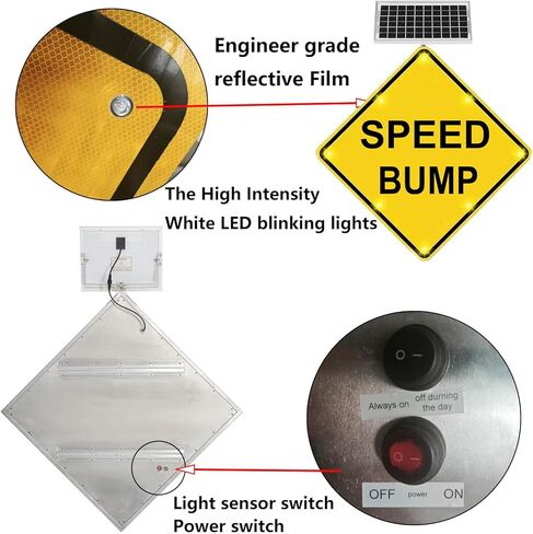 علامة تحذير من مطبات السرعة تعمل بالطاقة الشمسية مقاس 24 بوصة، مصابيح وامضة LED عالية السطوع، علامات تحذير الطريق من الألومنيوم لمطبات السرعة مع وظيفة الوميض التلقائي في الليل (A، 61 سم / 24 بوصة) in Kuwait
